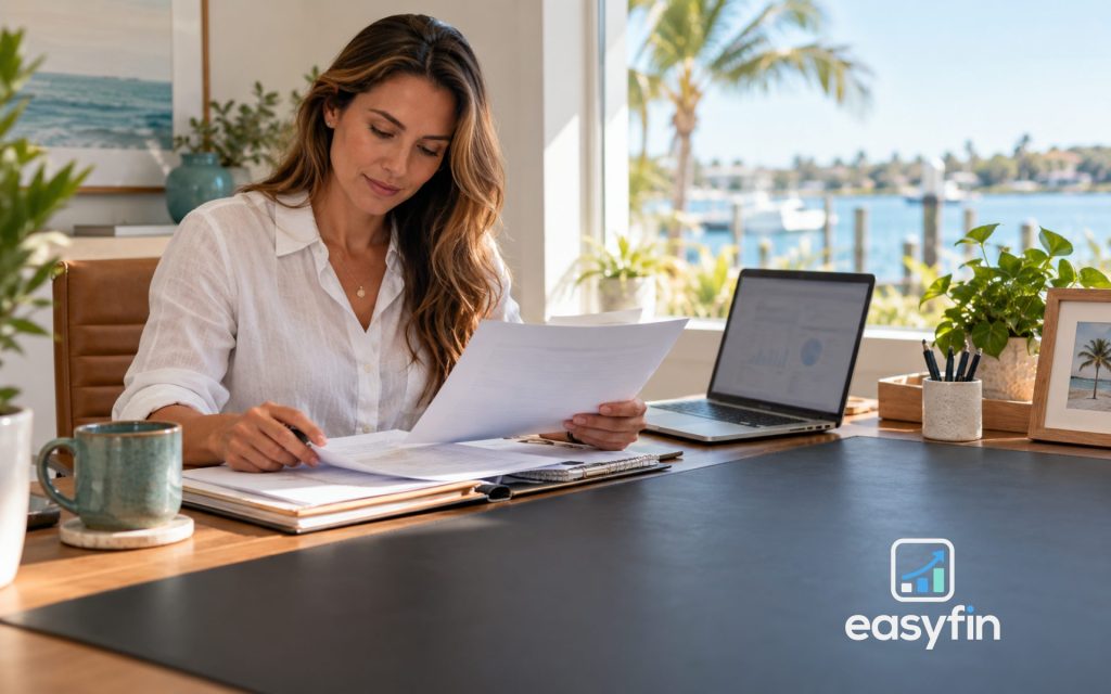 Small-business owner reviewing monthly paperwork beside a laptop.