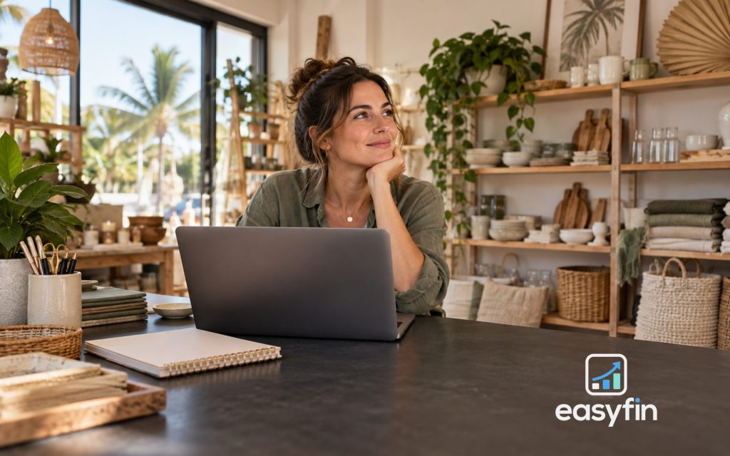 Entrepreneur working at a laptop in a homewares shop.