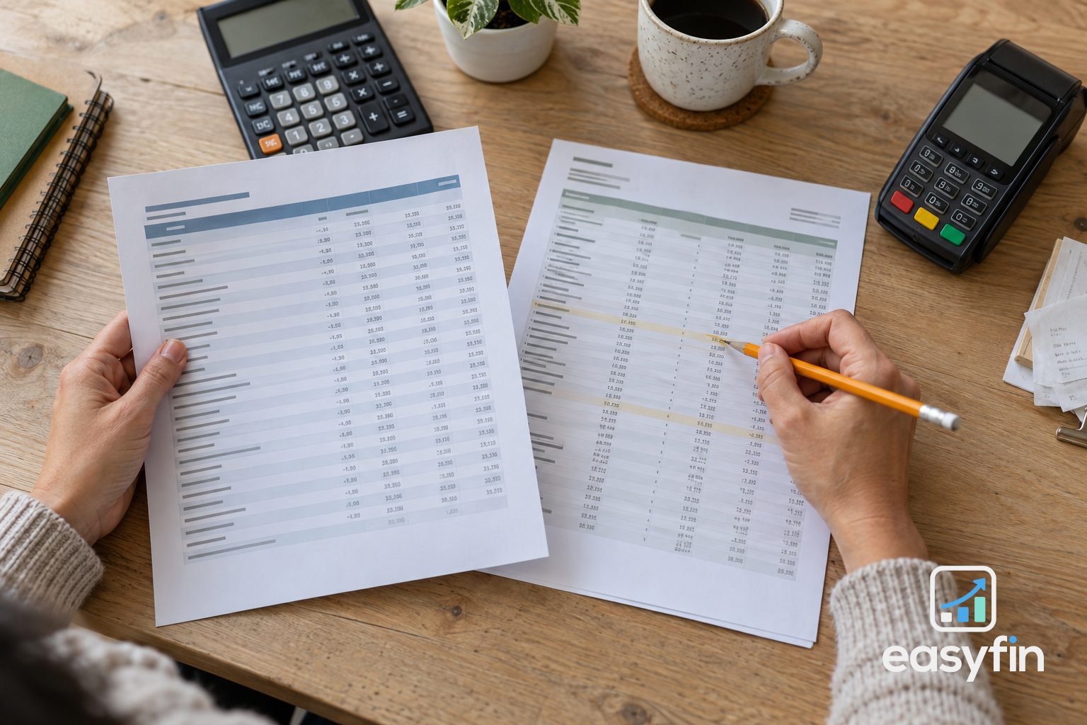 Hands comparing financial reports beside a calculator and card terminal.