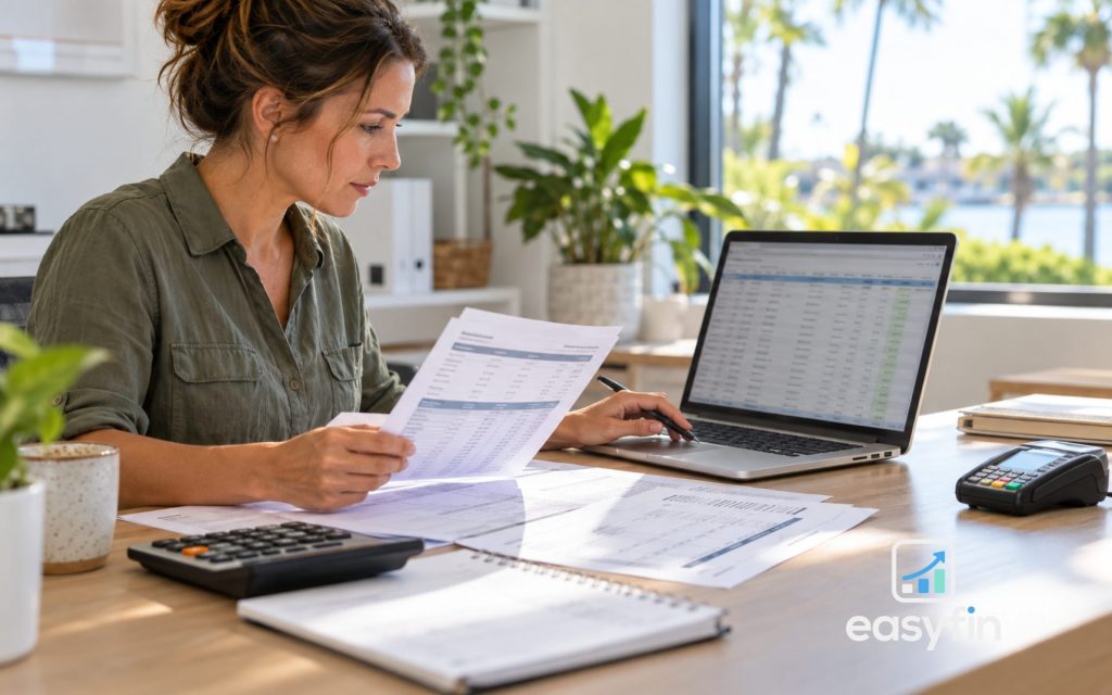 Business owner comparing a payout statement with records on a laptop.